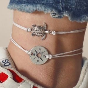 White cord turtle and compass summer anckle set